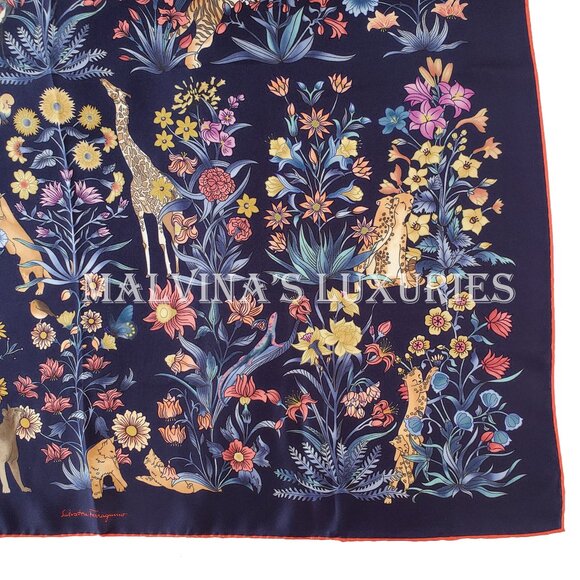SALVATORE FERRAGAMO SCARF SIGNATURE FLOWER JUNGLE ANIMALS PRINT SILK 35" - Picture 8 of 13